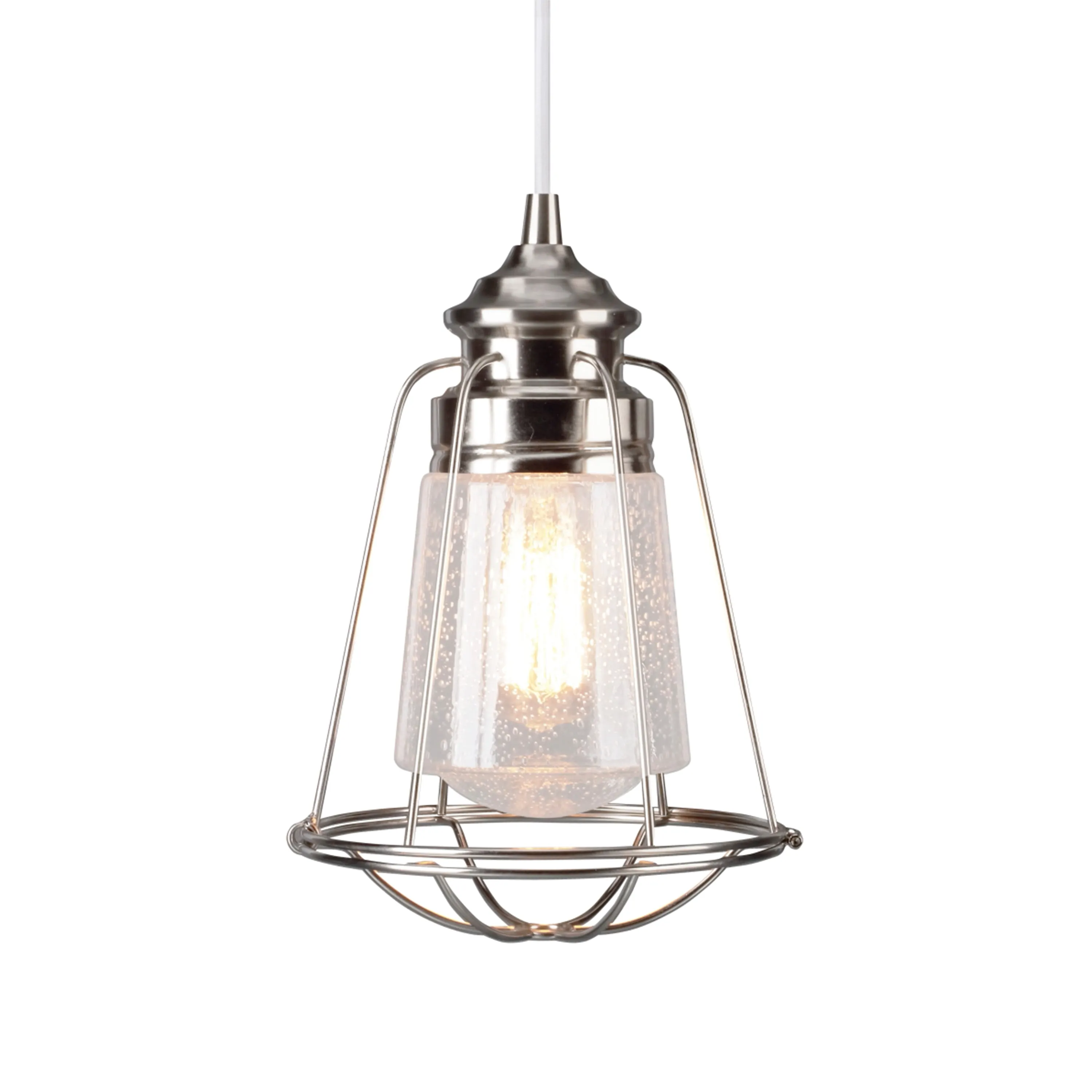 # 61044 One-Light Hanging Mini Pendant Ceiling Light, Transitional Design, Brushed Nickel, Clear Seeded Glass Shade with  Brushed Nickel Metal Wire Cage, 8" W