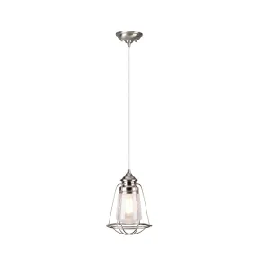 # 61044 One-Light Hanging Mini Pendant Ceiling Light, Transitional Design, Brushed Nickel, Clear Seeded Glass Shade with  Brushed Nickel Metal Wire Cage, 8" W