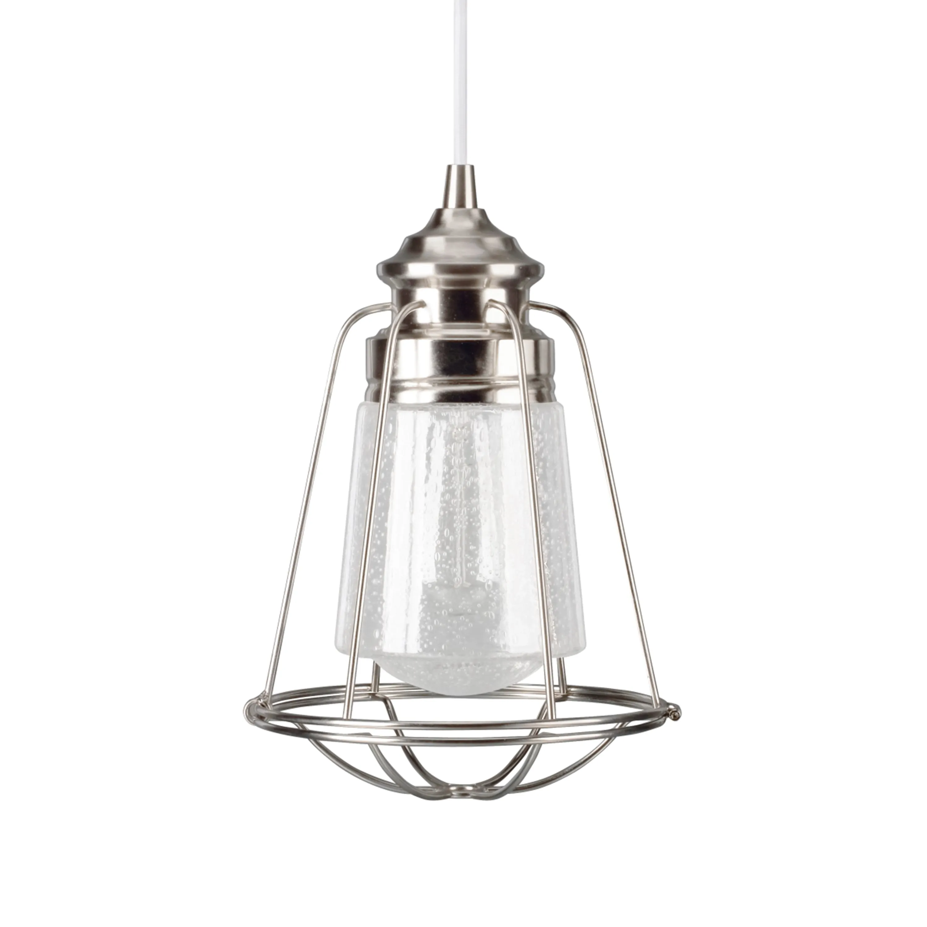 # 61044 One-Light Hanging Mini Pendant Ceiling Light, Transitional Design, Brushed Nickel, Clear Seeded Glass Shade with  Brushed Nickel Metal Wire Cage, 8" W