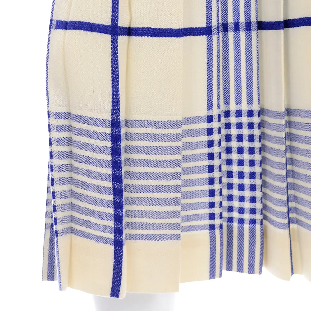 1980s Evan Picone Cream Wool Blue Plaid Pleated Midi Skirt