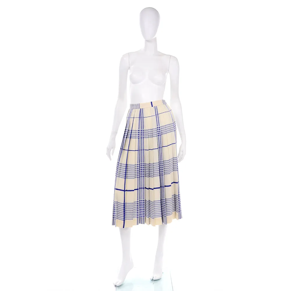 1980s Evan Picone Cream Wool Blue Plaid Pleated Midi Skirt