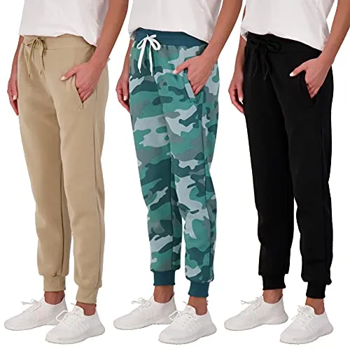 3 Pack: Women’s Fleece Jogger Running Bottoms Comfortable French Terry Running Sports Soft Yoga Outdoors Lounge Active Essentials Ladies Warm Sweat Pants Casual Athletic Camo Pockets - Set 3, L