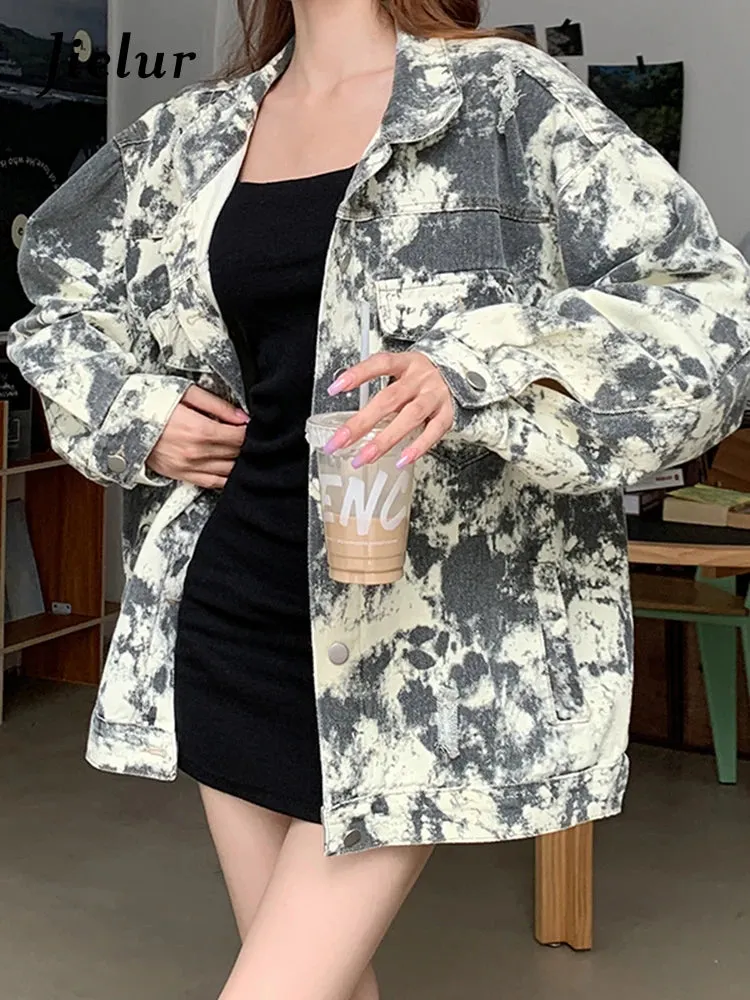 Autumn Tie Dyed Denim Jacket Women Fashion Korean New Fashion Loose Lapel Short Coat Woman High Street Top Female S-XL