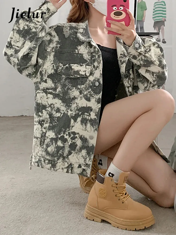 Autumn Tie Dyed Denim Jacket Women Fashion Korean New Fashion Loose Lapel Short Coat Woman High Street Top Female S-XL