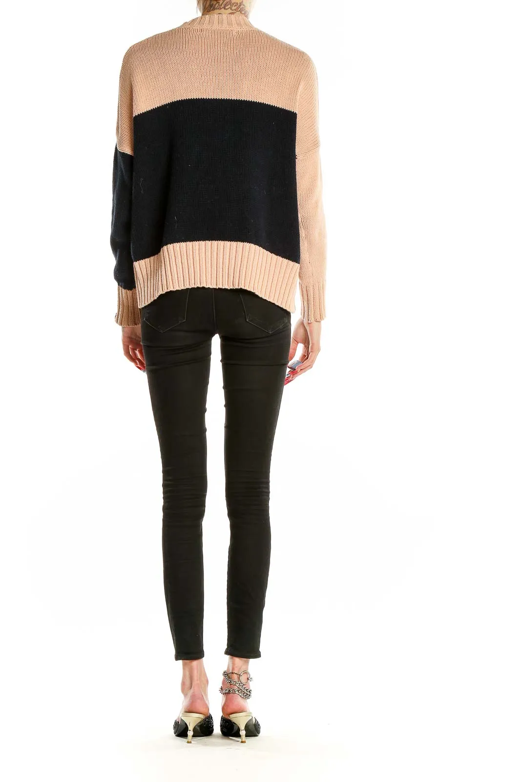 Beige and Black Color Block Knit Sweater