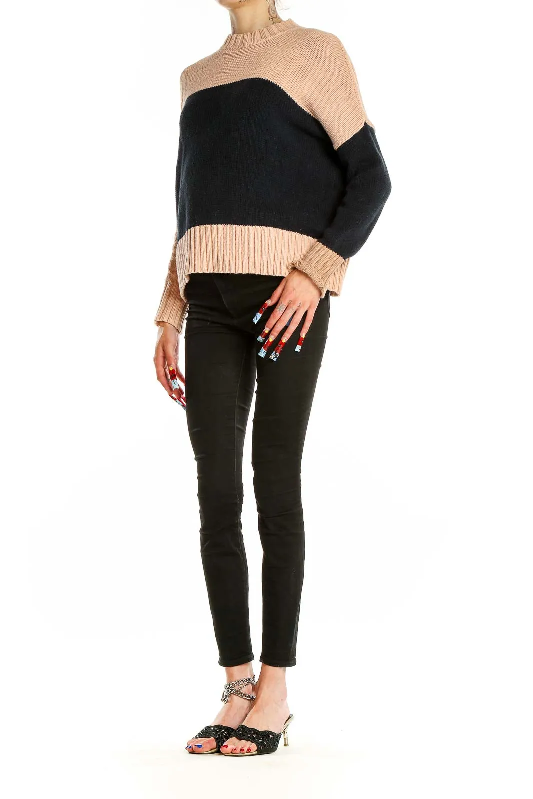 Beige and Black Color Block Knit Sweater