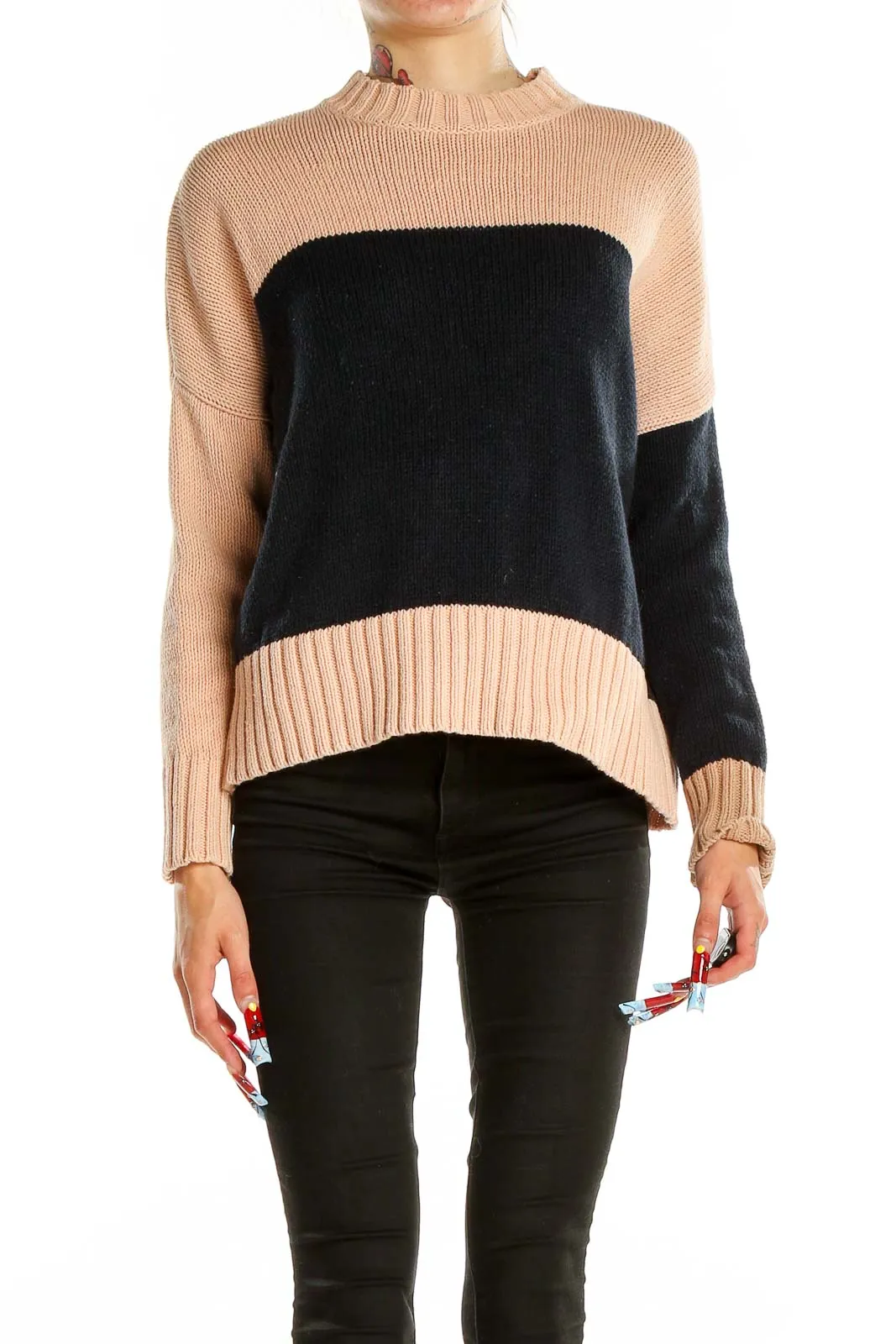 Beige and Black Color Block Knit Sweater