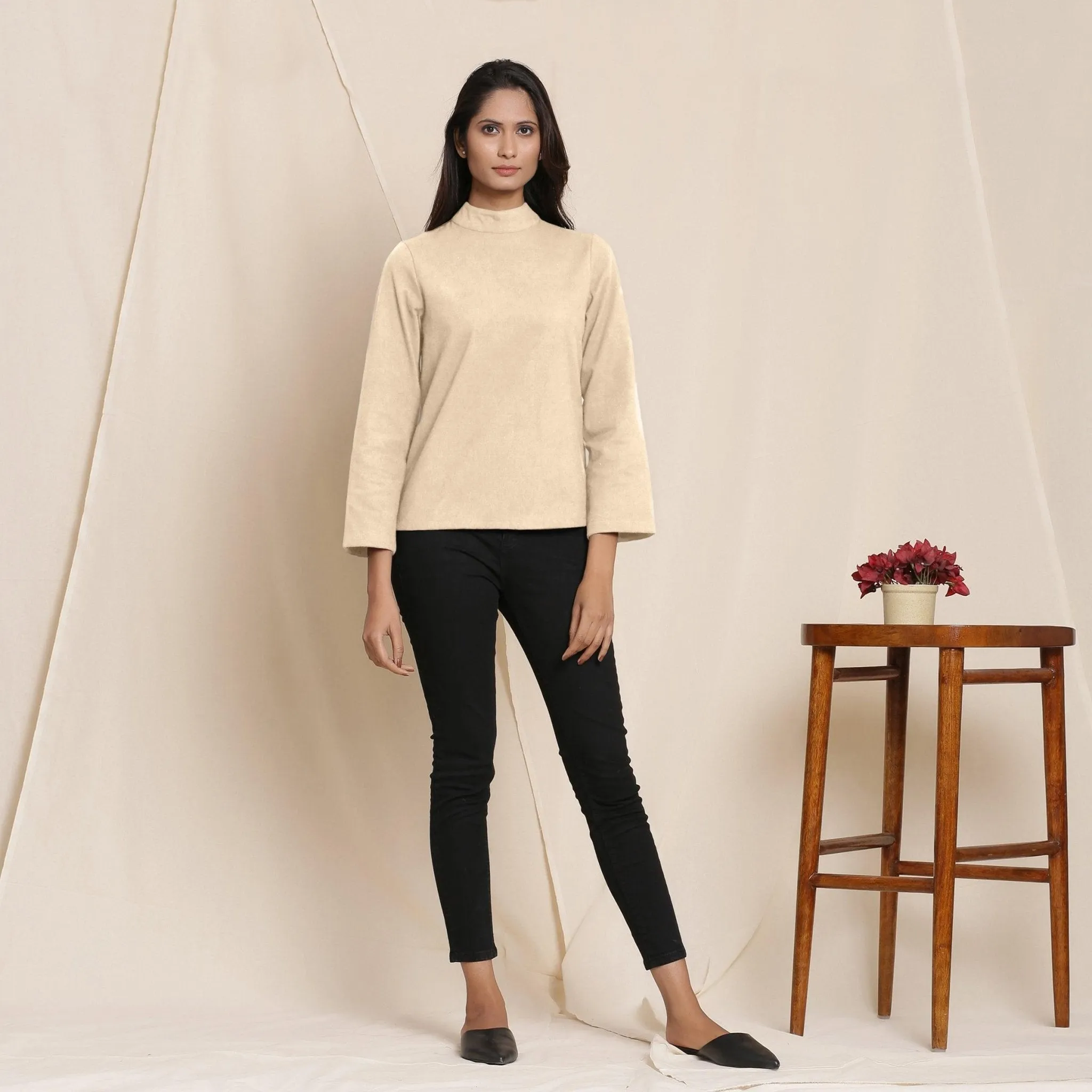 Beige Warm Cotton Flannel Turtleneck Stand Collar Top