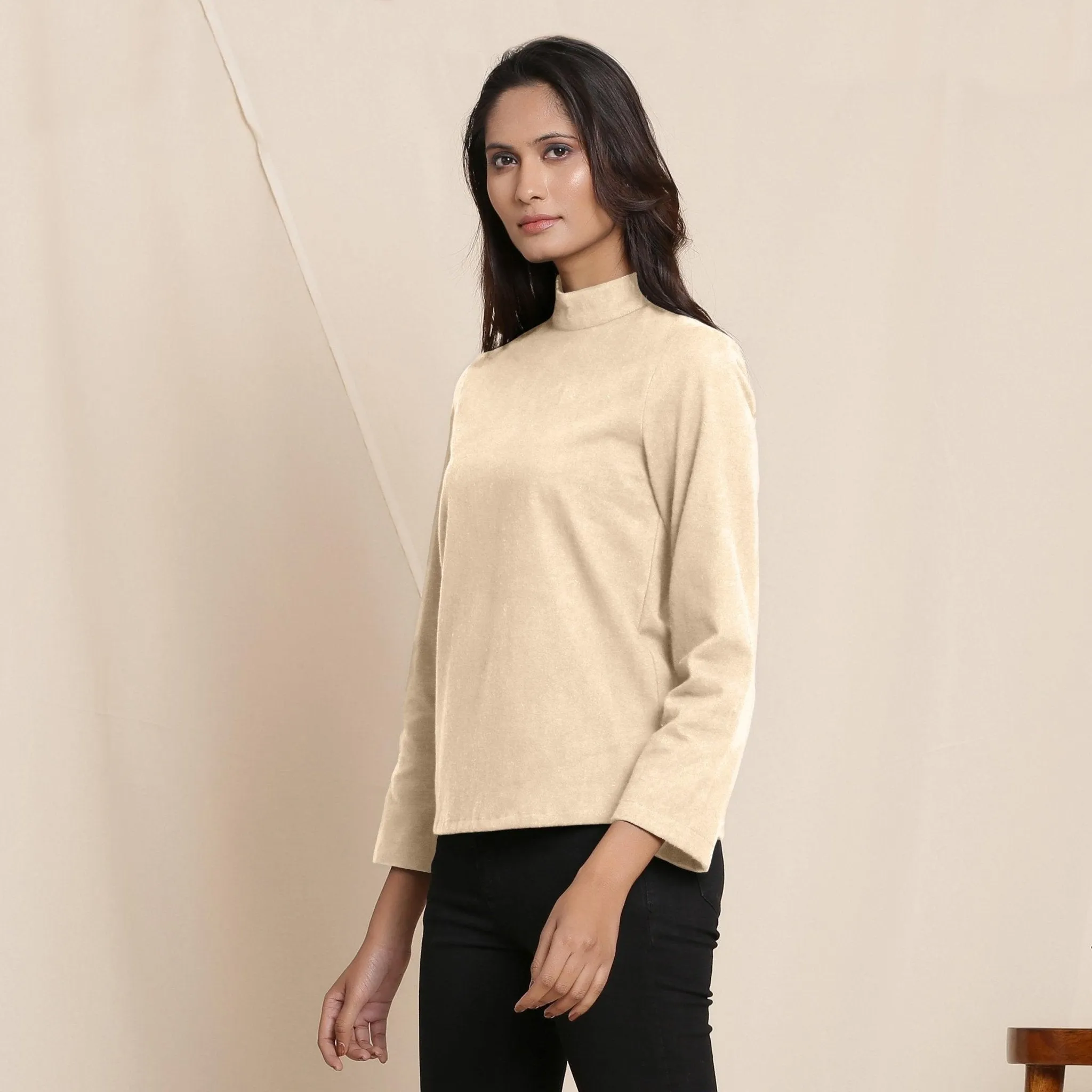 Beige Warm Cotton Flannel Turtleneck Stand Collar Top