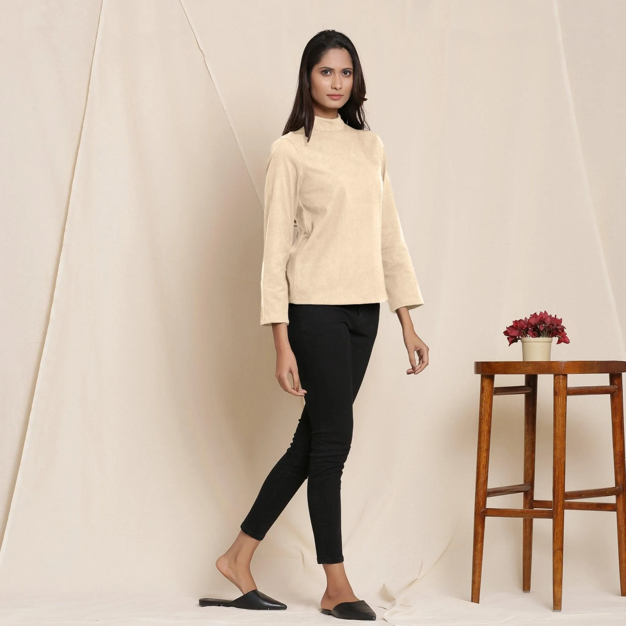 Beige Warm Cotton Flannel Turtleneck Stand Collar Top