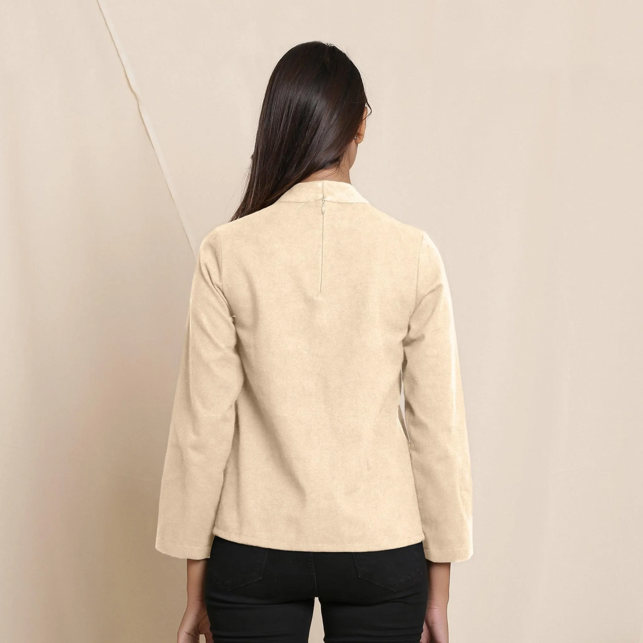 Beige Warm Cotton Flannel Turtleneck Stand Collar Top