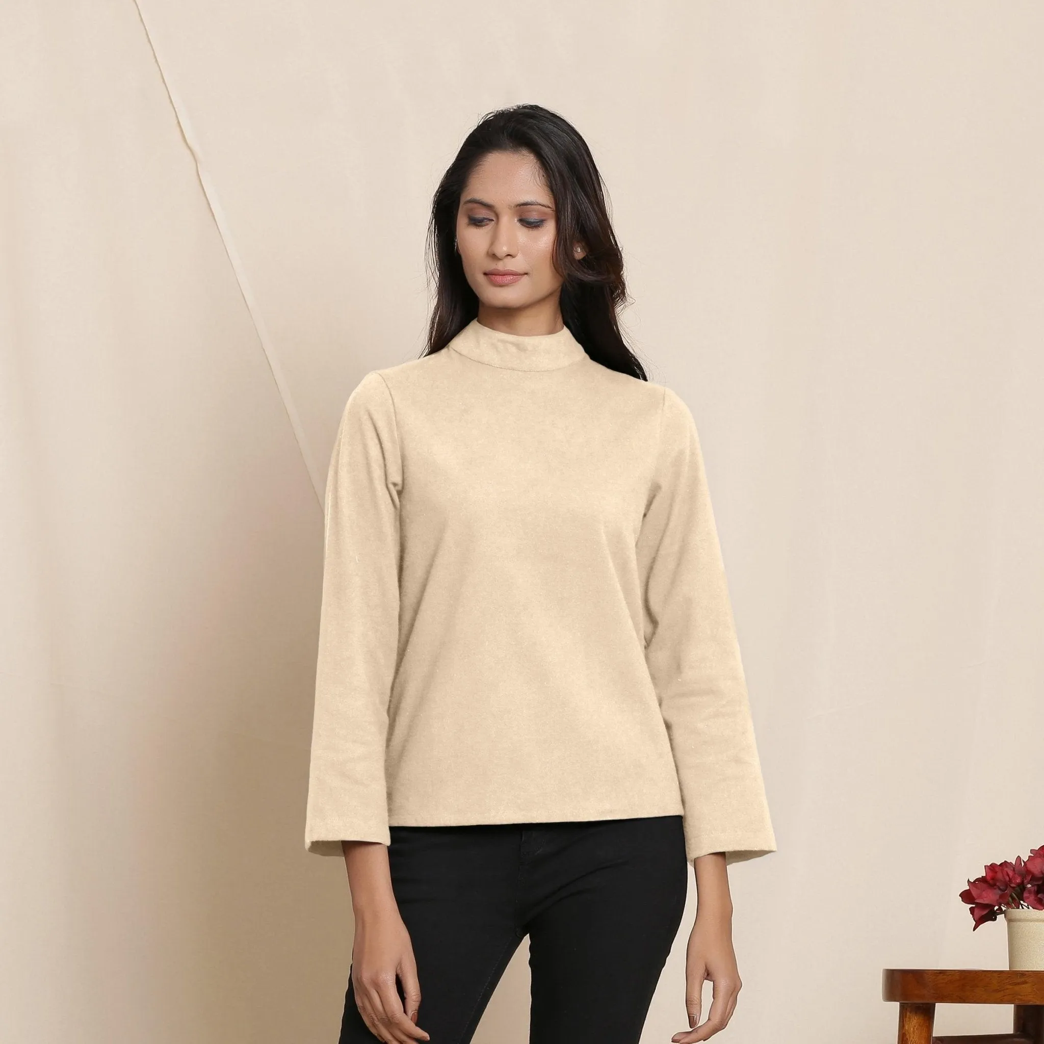 Beige Warm Cotton Flannel Turtleneck Stand Collar Top