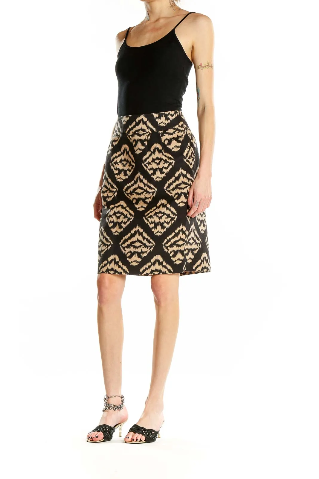 Black and Tan Ikat Print Pencil Skirt