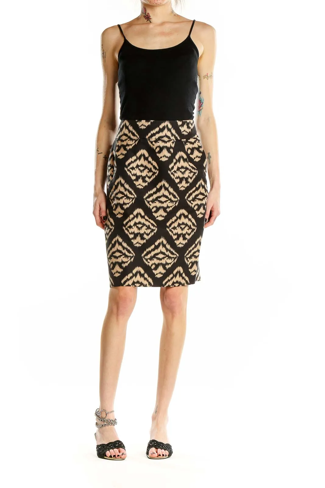 Black and Tan Ikat Print Pencil Skirt