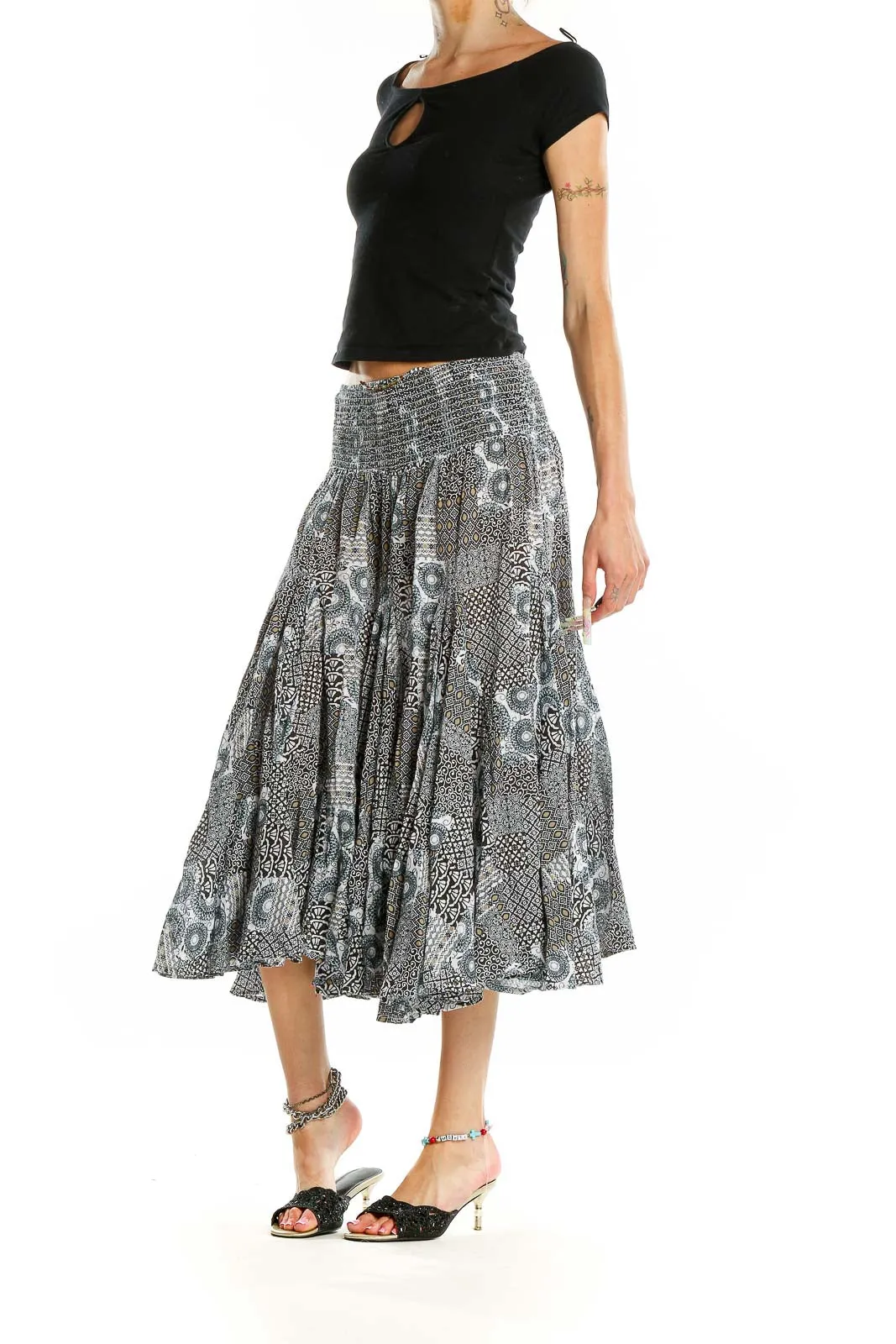 Black and White Patterned Cotton Midi Skirt