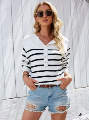 Black and White Striped Button Sweater