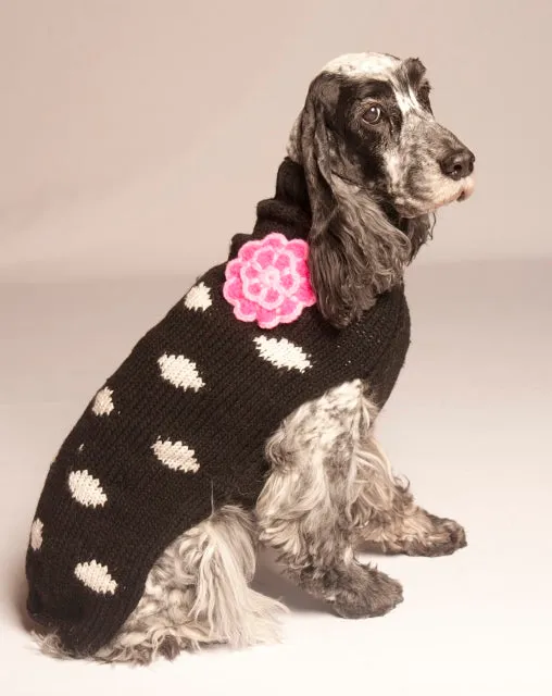 Black Flower Polka Dot Hand Knit Wool Dog Sweater by Chilly Dog