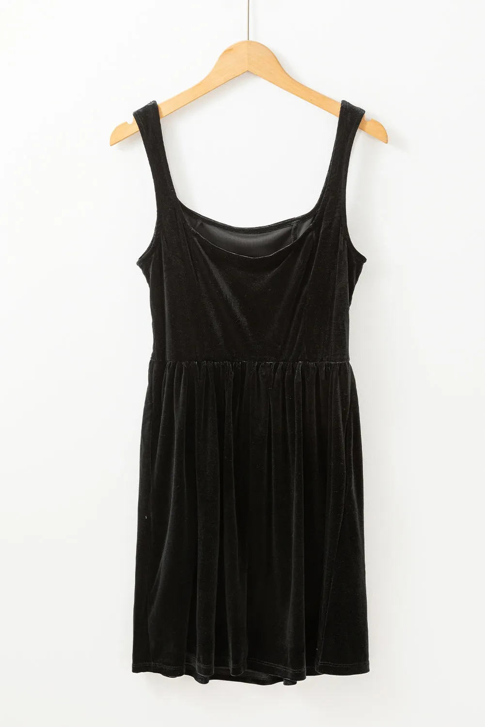 Black Velvet Square Neck Sleeveless High Waist Mini Dress With Pockets