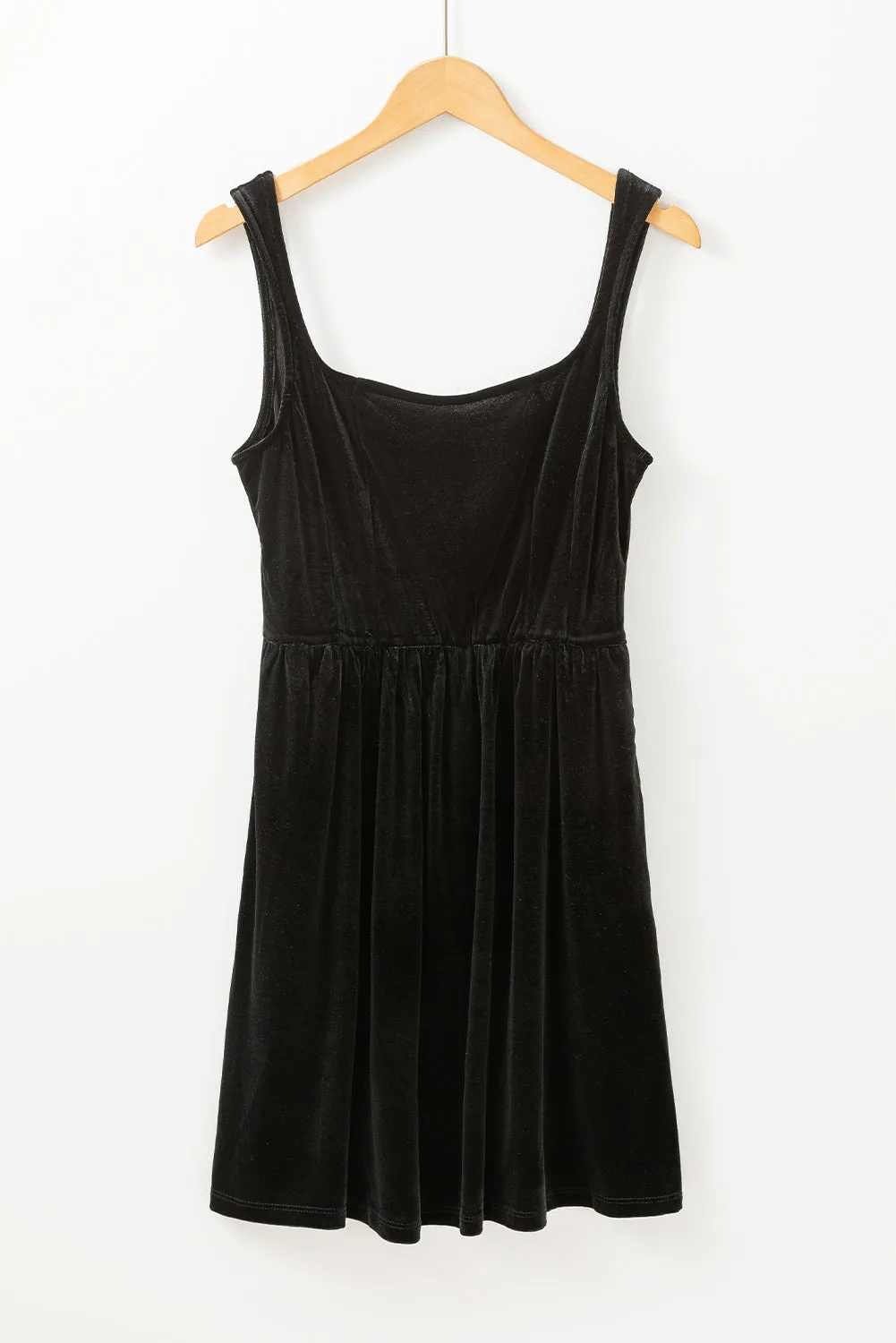 Black Velvet Square Neck Sleeveless High Waist Mini Dress With Pockets