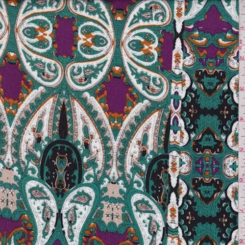 Black/Jade/Purple Paisley Stripe Crinkled Gauze Fabric