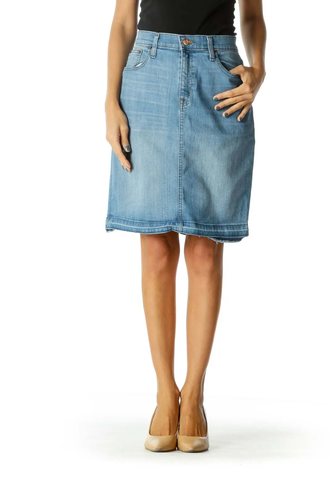 Blue Light Wash Raw Hem Mid-Length Denim Skirt