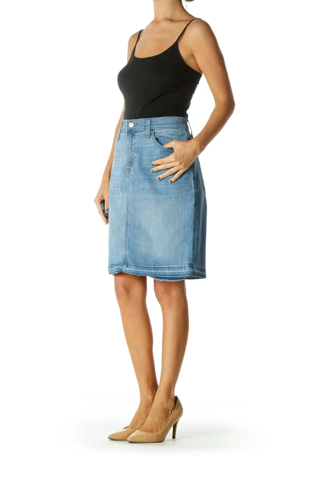 Blue Light Wash Raw Hem Mid-Length Denim Skirt