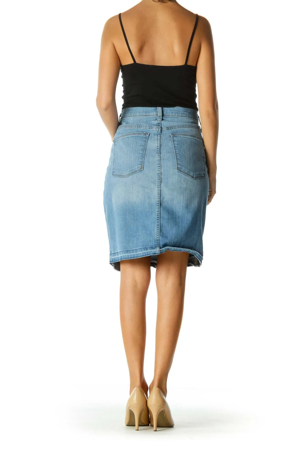 Blue Light Wash Raw Hem Mid-Length Denim Skirt