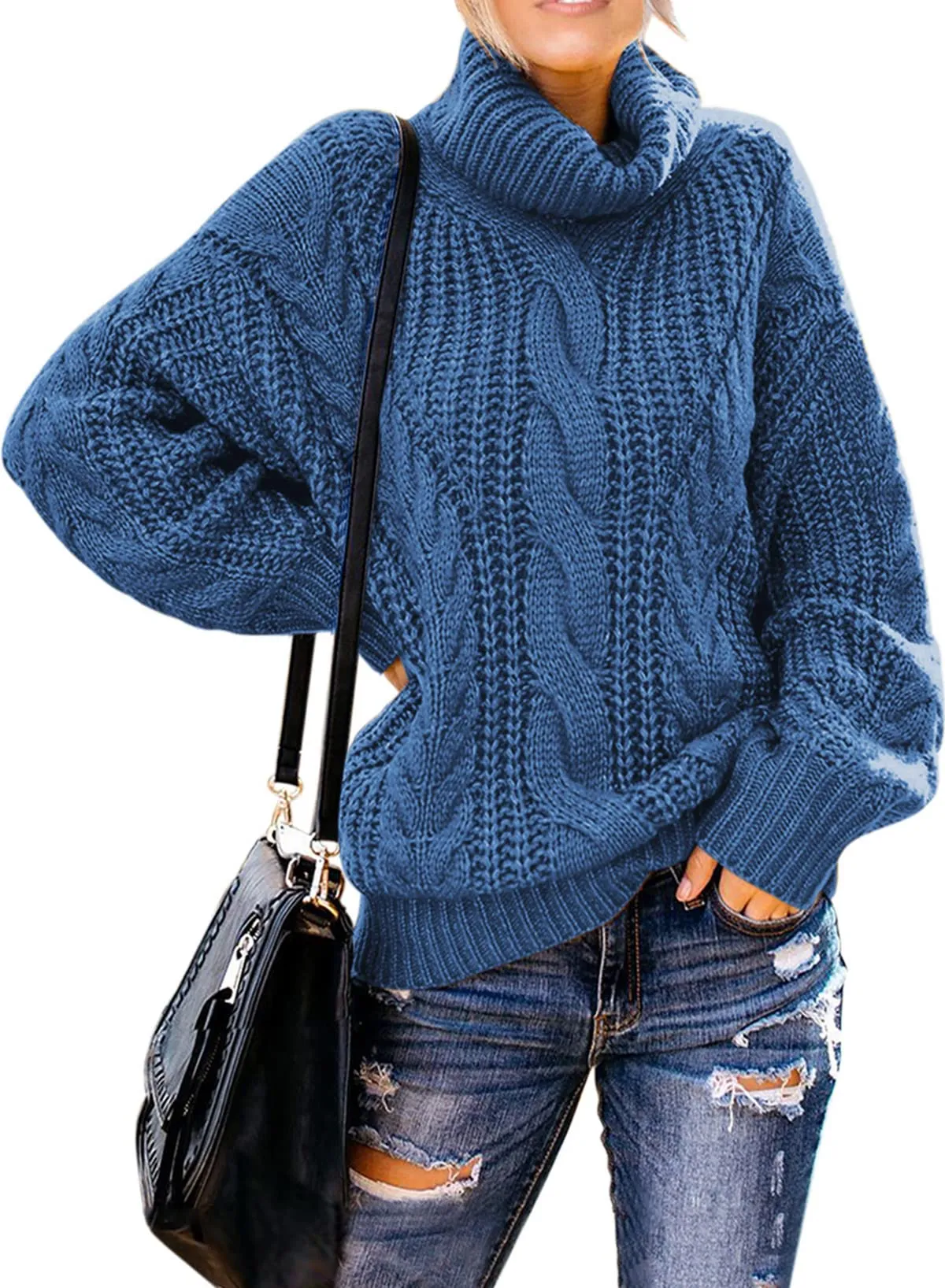 Blue Women's Turtleneck Balloon Long Sleeve Casual Loose Chunky Cable Knit Pullover Sweater Outerwear - FARYSAYS