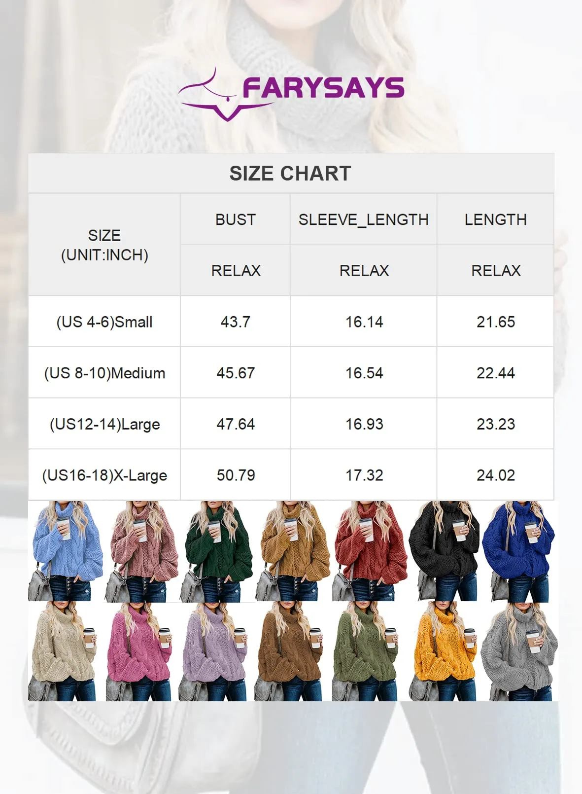 Blue Women's Turtleneck Balloon Long Sleeve Casual Loose Chunky Cable Knit Pullover Sweater Outerwear - FARYSAYS