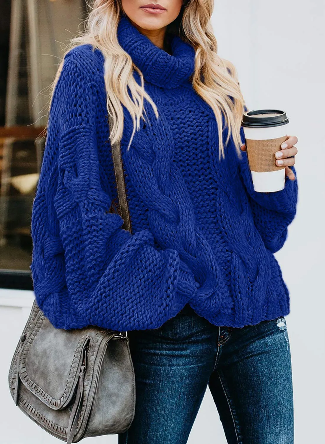 Blue Women's Turtleneck Balloon Long Sleeve Casual Loose Chunky Cable Knit Pullover Sweater Outerwear - FARYSAYS