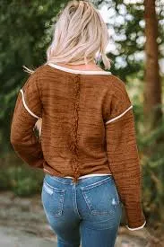 Brown Contrast Trims Knitted Loose Sweater