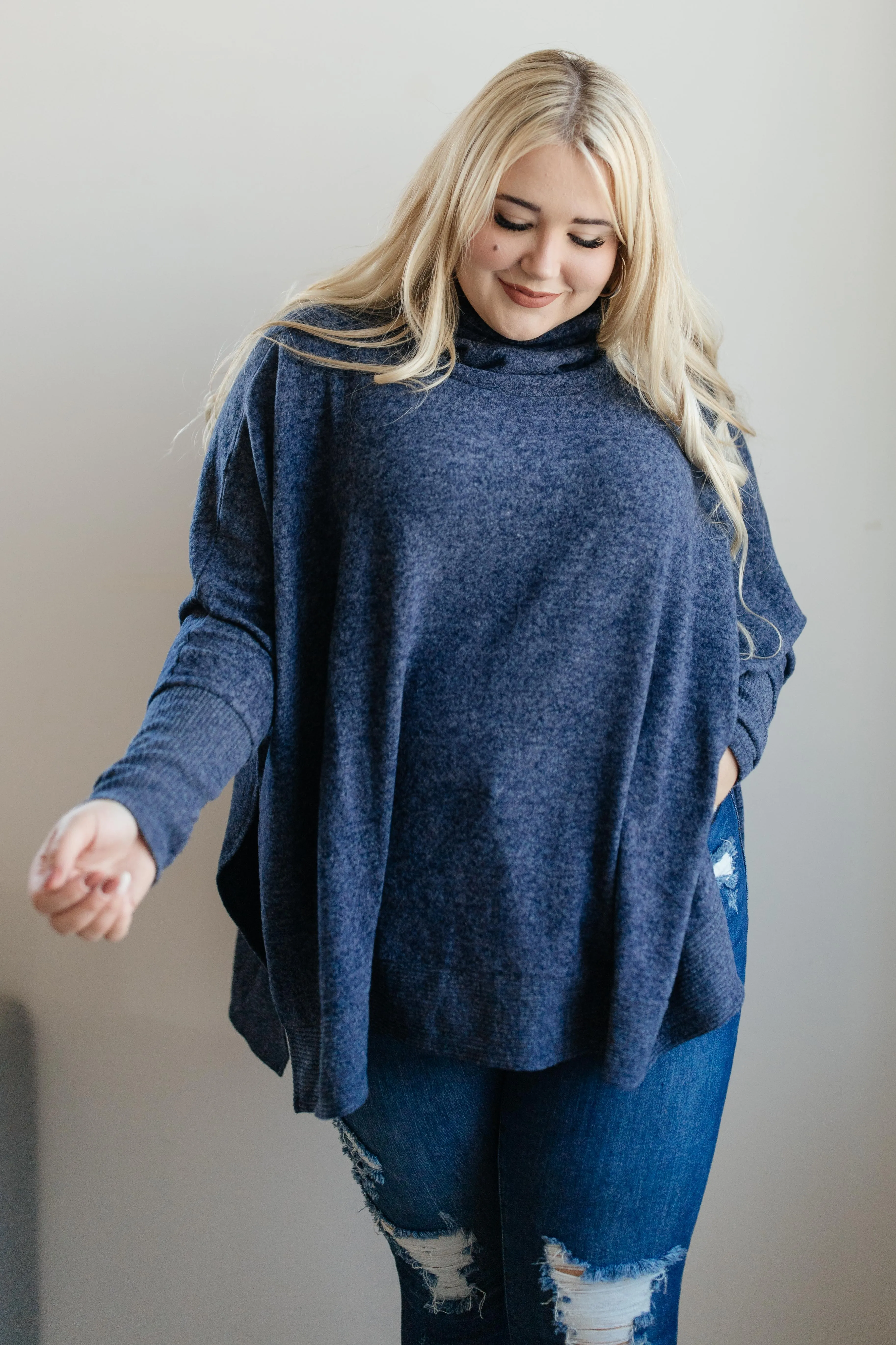 Brushed Melange Cowl Neck Sweater in Navy