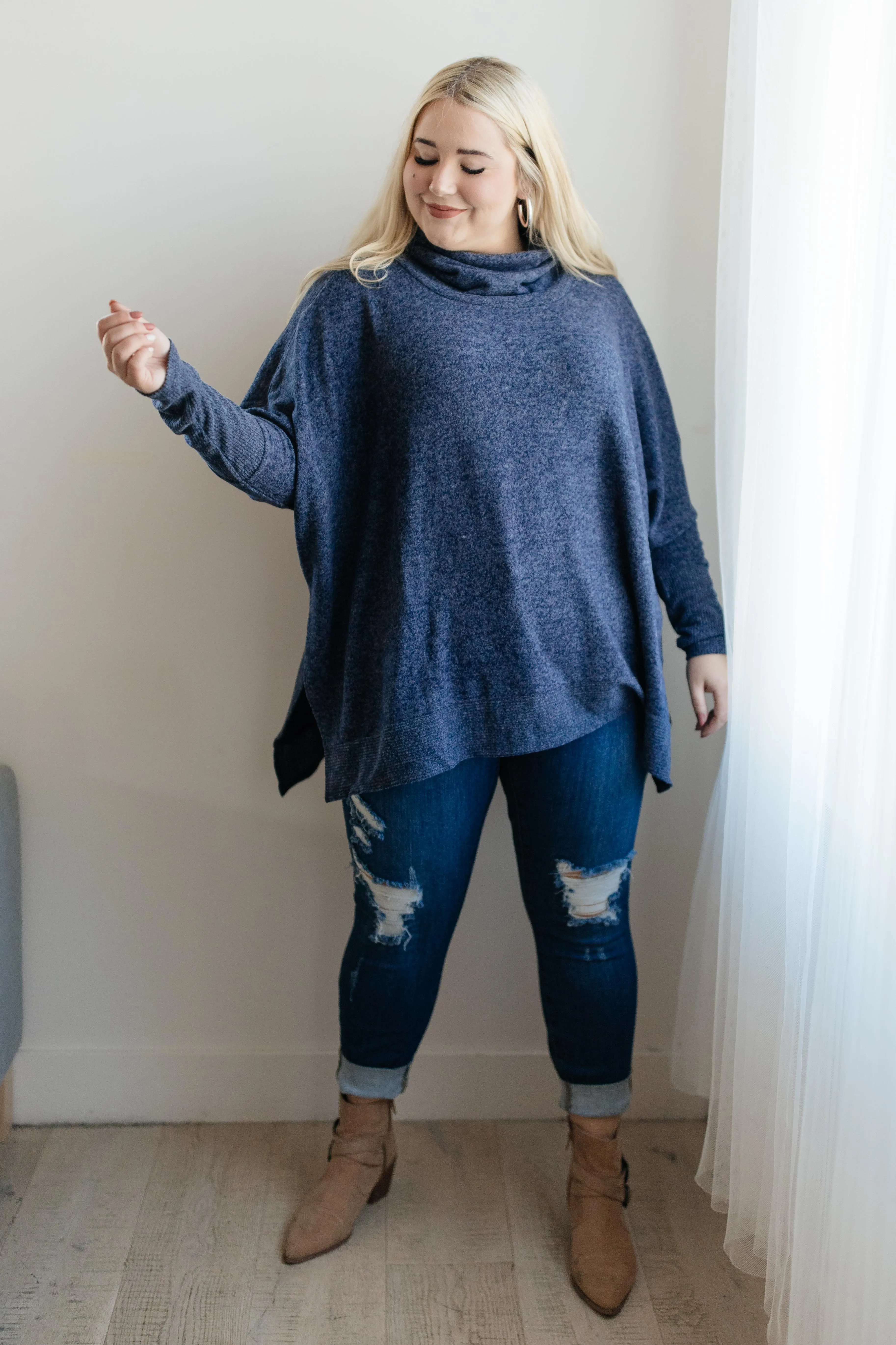 Brushed Melange Cowl Neck Sweater in Navy