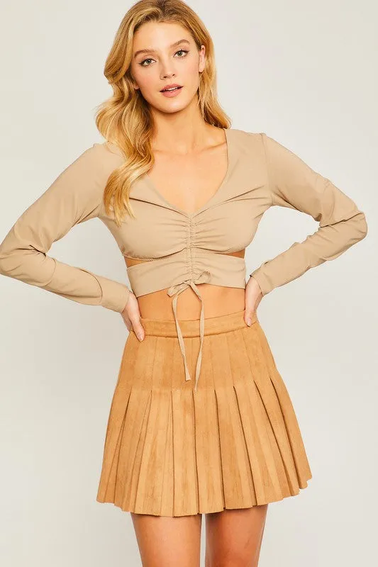 Camel Woven Solid Mini Pleat Skirt