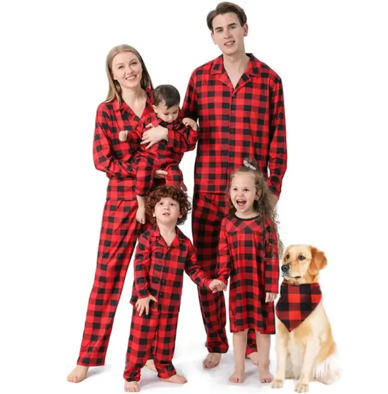 Christmas Family Matching Pajamas Plaid Cotton Mother Father Baby Kids And Dog Family Matching Clothes