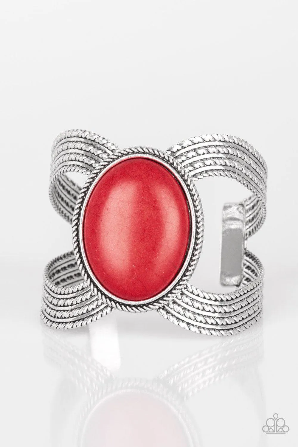 Coyote Couture Red Stone and Silver Cuff Bracelet - Paparazzi Accessories