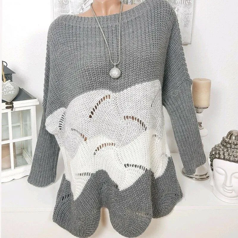 Crewneck Colorblock Hollow Out Knit Sweater