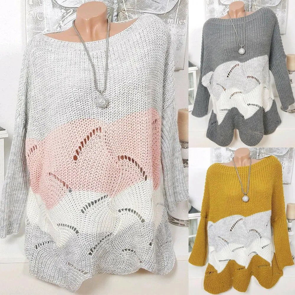 Crewneck Colorblock Hollow Out Knit Sweater