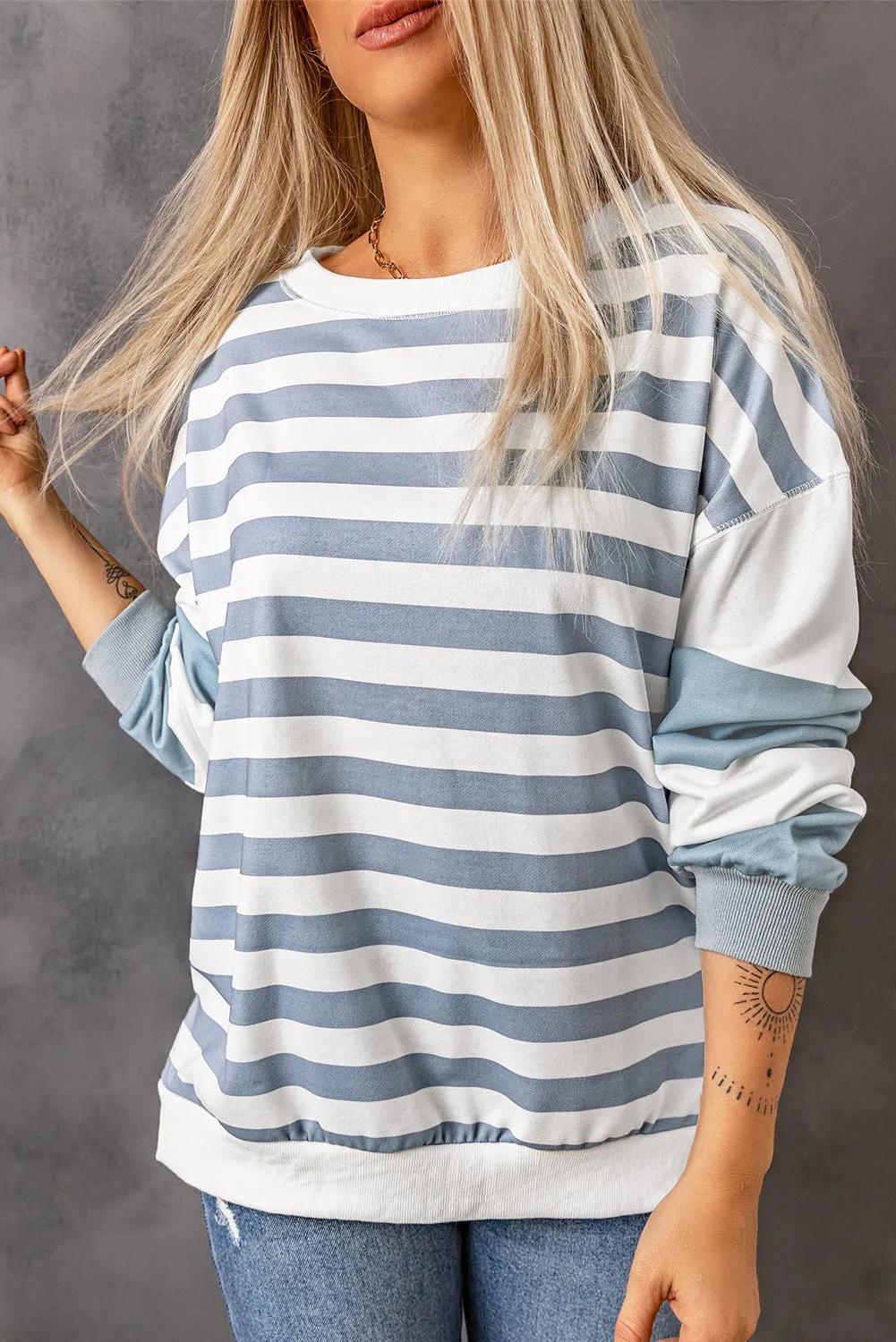 Drop Shoulder Striped Pullover Sweatshirt