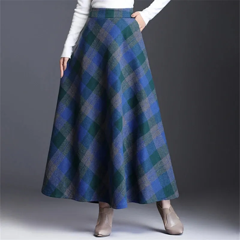 England Style Wool Tartan Skirt with Pockets and Loose Fit