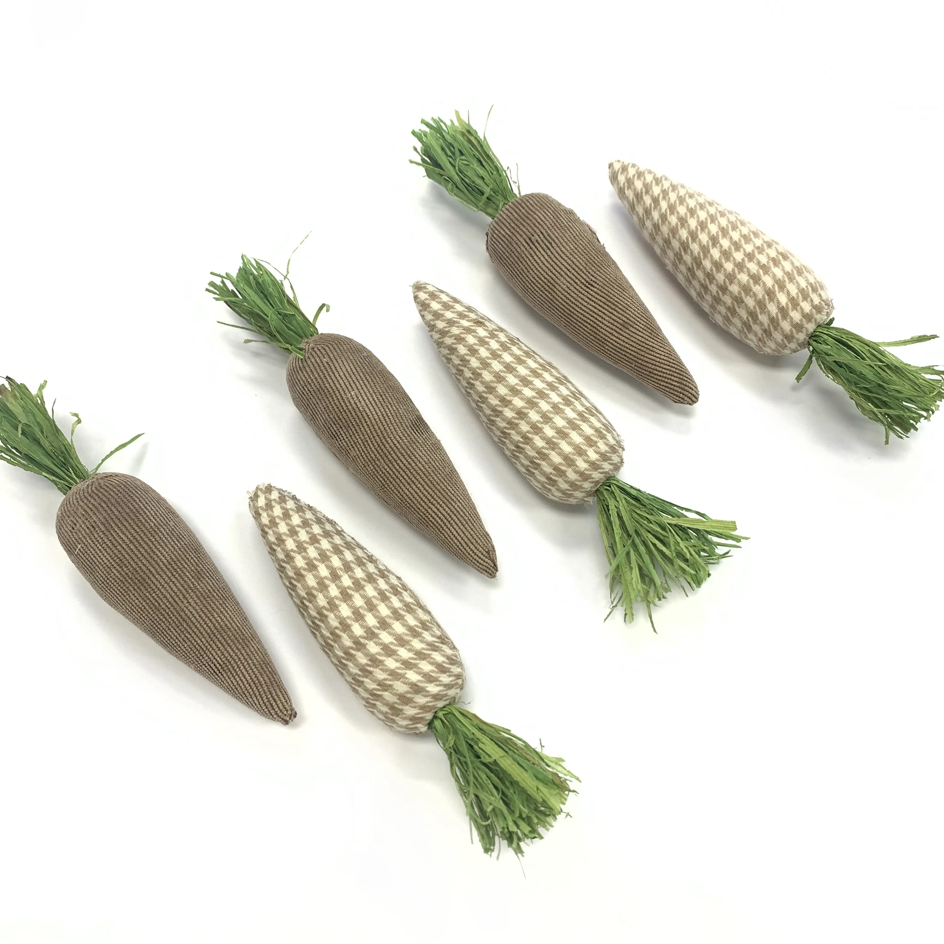 Fabric Wrapped Neutral Gingham and Taupe Easter Décor Carrot Set - Set of 6