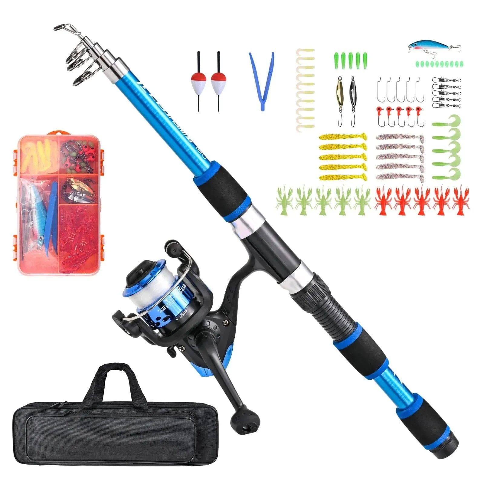 Fishing Rod and Reel Combos Telescopic Fiberglass Fishing Rods Spinning Reels Lures Set with Carry Bag Beads Fishing Spinners