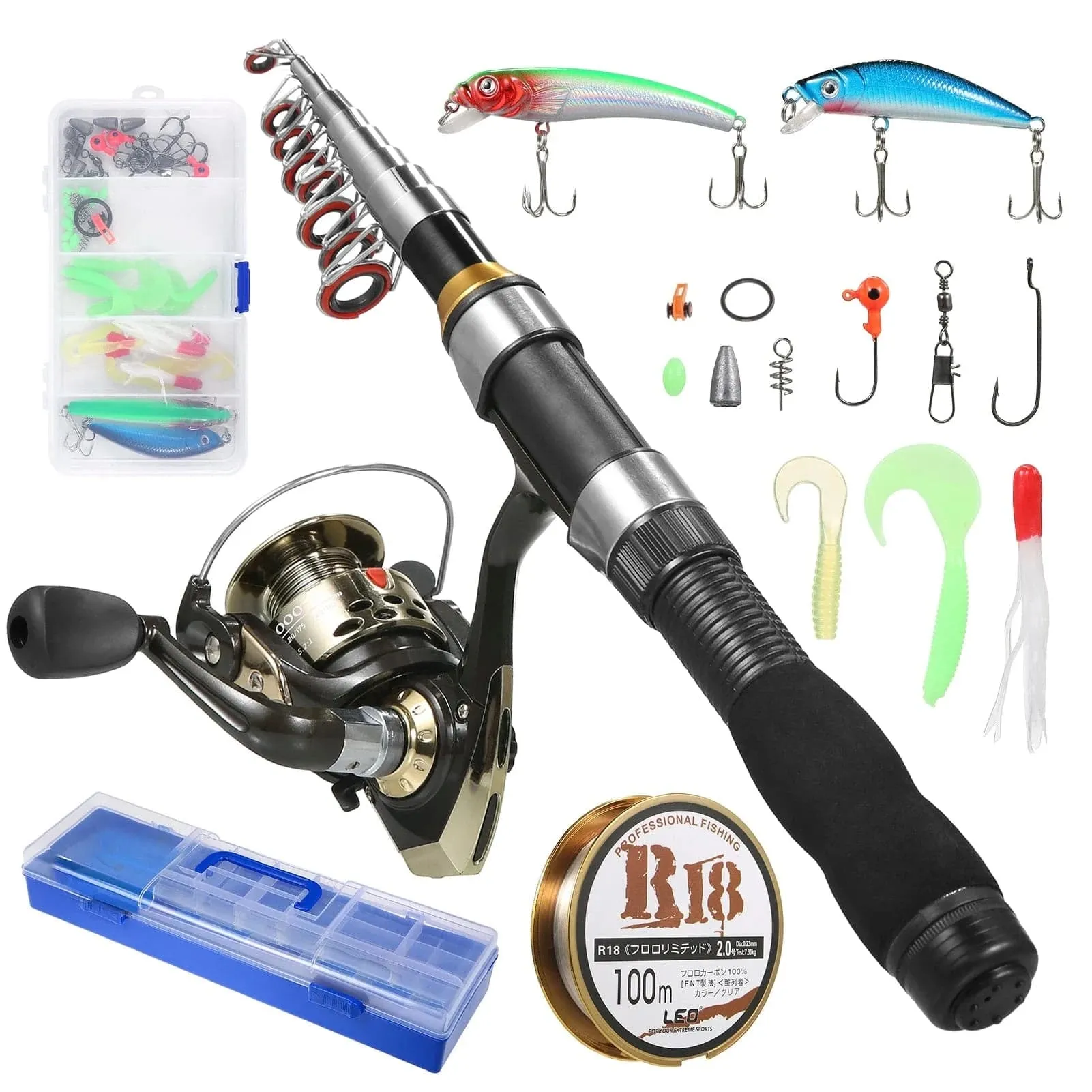 Fishing Rod Telescopic Fishing Pole Spinning Reel Combo Kit Fishing Line Lures Hooks Swivels Set Fishing Accessories Tackle Box