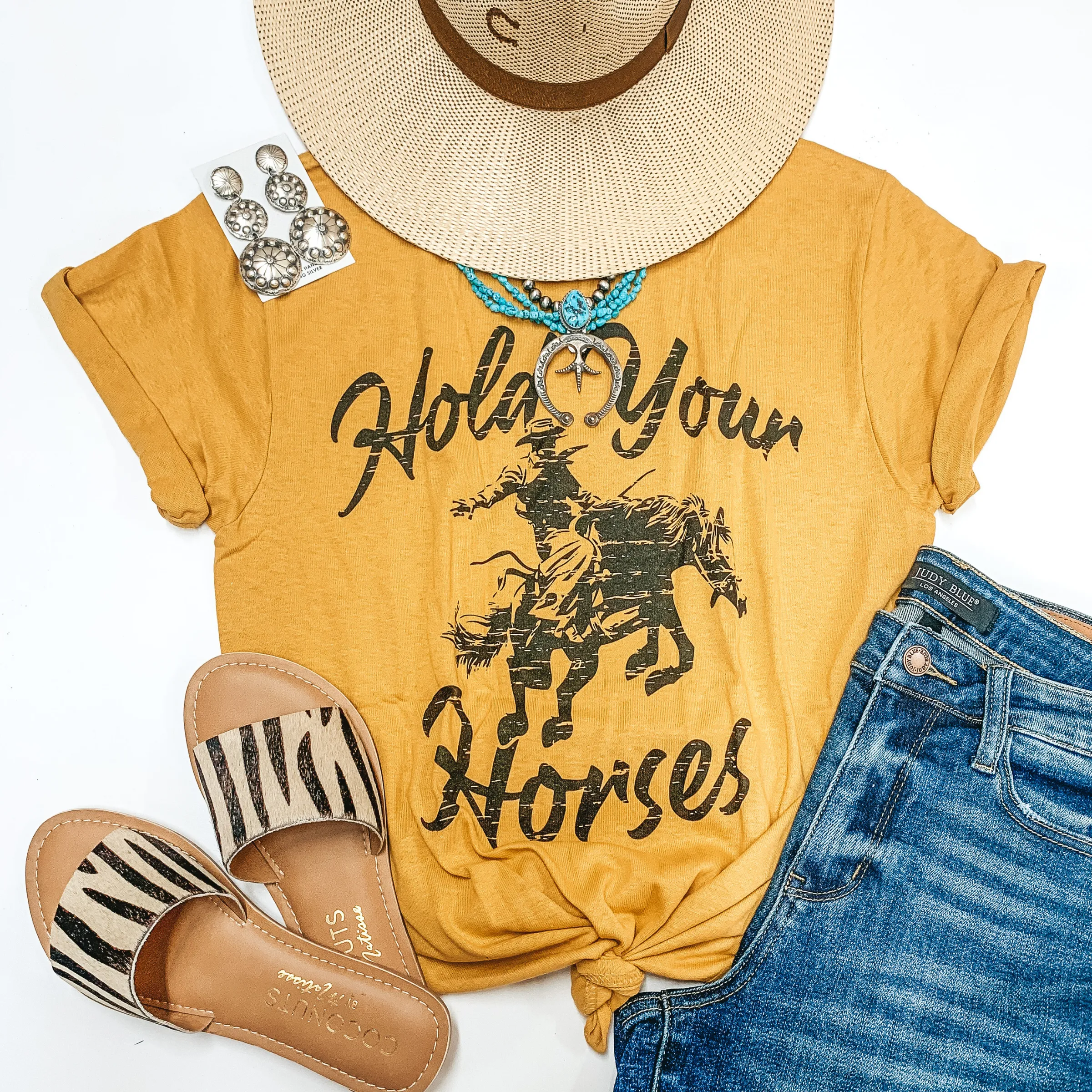 Last Chance Size XL | Hold Your Horses Bucking Horse Short Sleeve Graphic Tee in Mustard Yellow