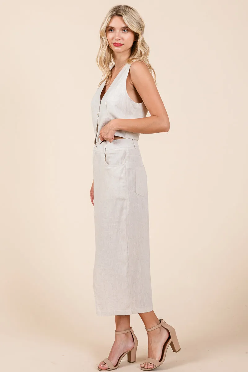 Linen Vest and Pencil Skirt Two Piece Sets