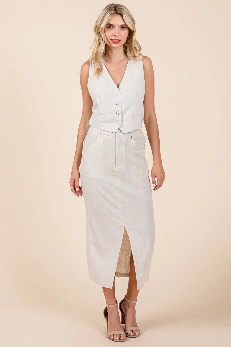 Linen Vest and Pencil Skirt Two Piece Sets