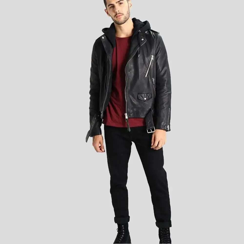 Lupe Black Removable Hooded Leather Jacket for Men