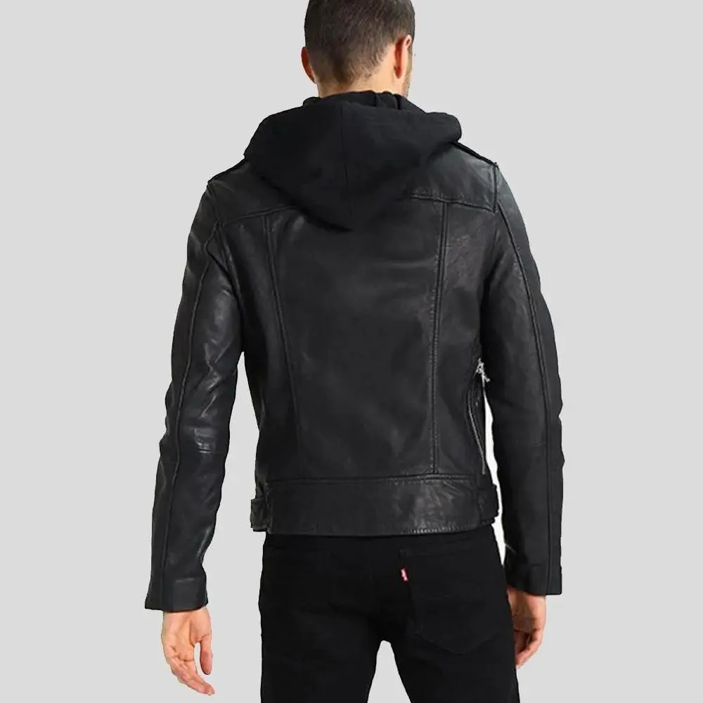 Lupe Black Removable Hooded Leather Jacket for Men