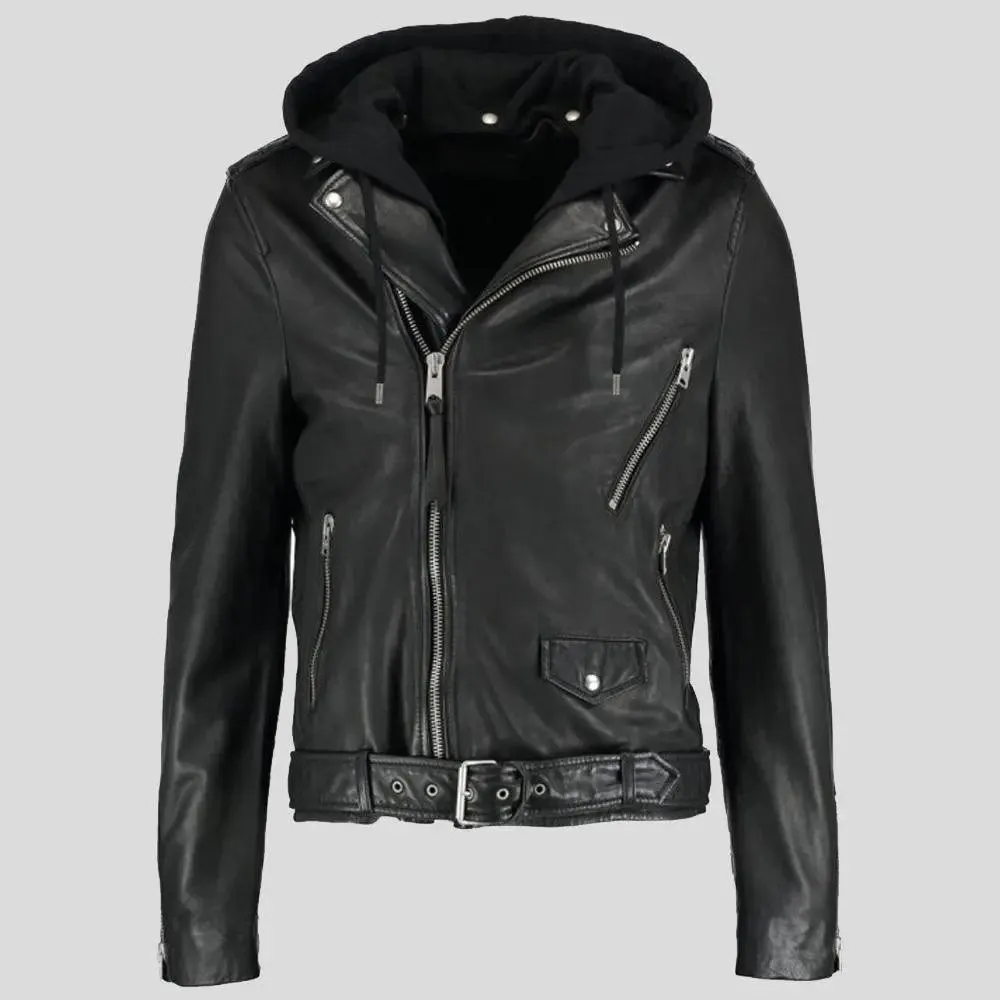 Lupe Black Removable Hooded Leather Jacket for Men