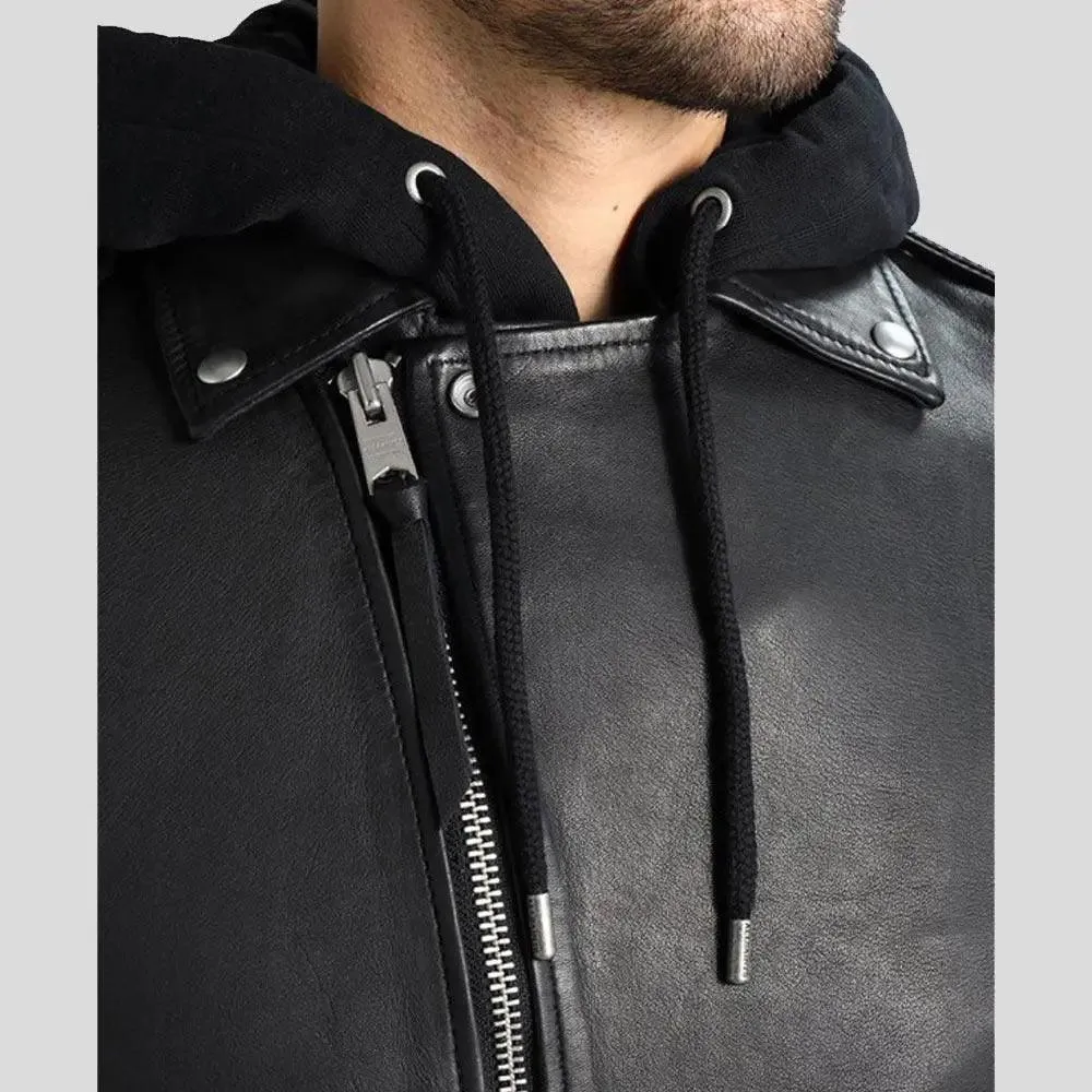 Lupe Black Removable Hooded Leather Jacket for Men